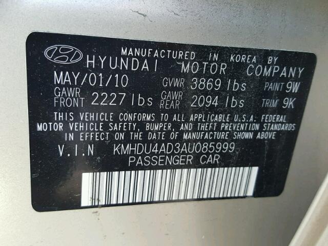 KMHDU4AD3AU085999 - 2010 HYUNDAI ELANTRA BL GOLD photo 10