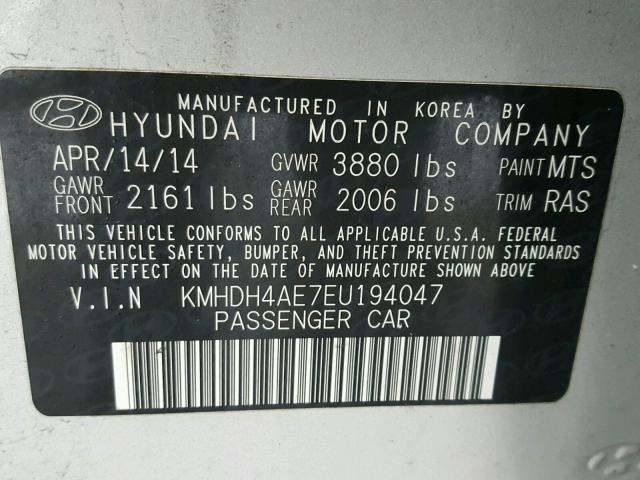 KMHDH4AE7EU194047 - 2014 HYUNDAI ELANTRA SE SILVER photo 10