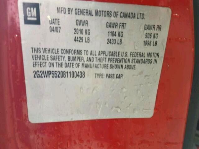 2G2WP552081100438 - 2008 PONTIAC GRAND PRIX RED photo 10