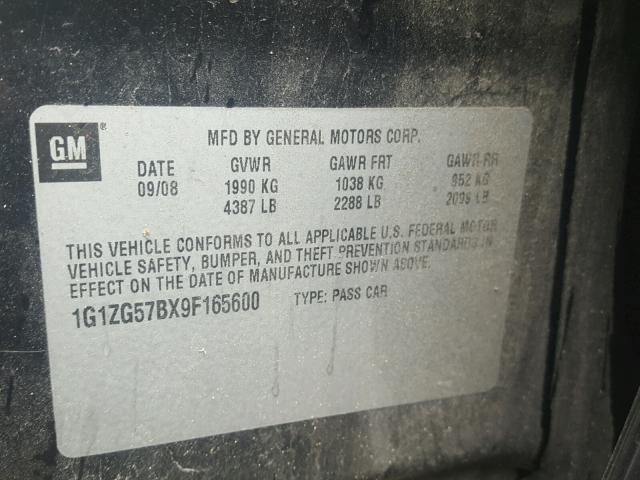 1G1ZG57BX9F165600 - 2009 CHEVROLET MALIBU LS შავი ფოტო 10