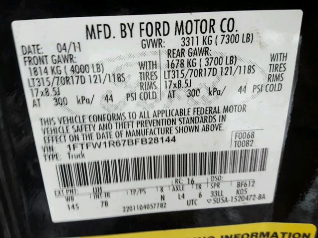 1FTFW1R67BFB28144 - 2011 FORD F150 SVT R BLACK photo 10