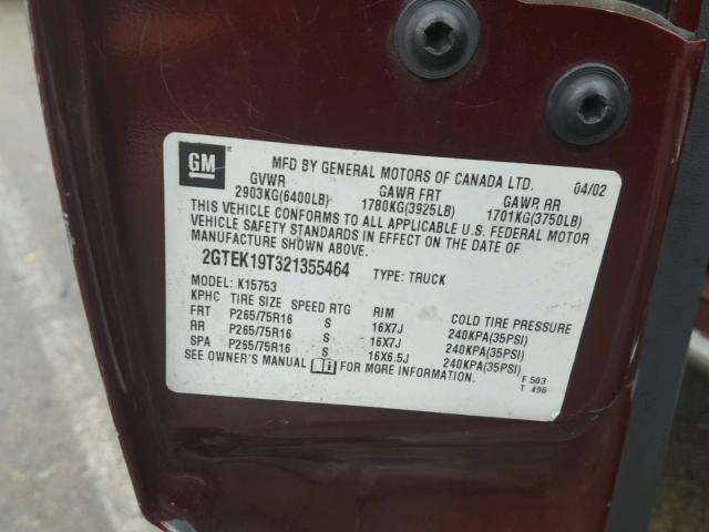 2GTEK19T321355464 - 2002 GMC NEW SIERRA BURGUNDY photo 10