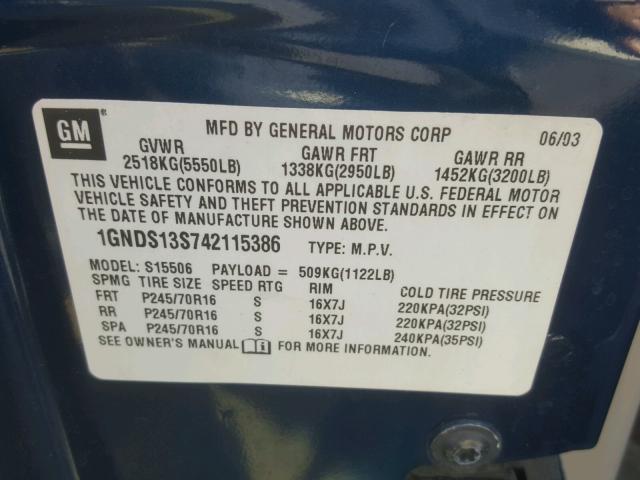 1GNDS13S742115386 - 2004 CHEVROLET TRAILBLAZE BLUE photo 10