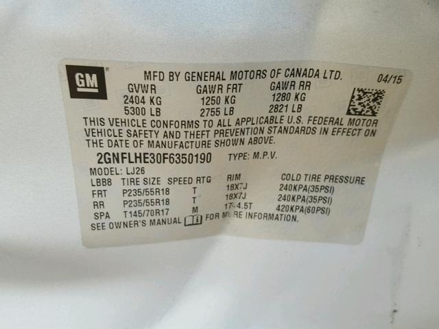 2GNFLHE30F6350190 - 2015 CHEVROLET EQUINOX LT SILVER photo 10