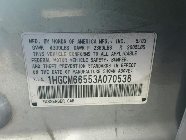 1HGCM66553A070536 - 2003 HONDA ACCORD EX SILVER photo 10