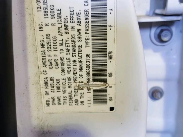 1HGCM56886A063136 - 2006 HONDA ACCORD EX WHITE photo 10