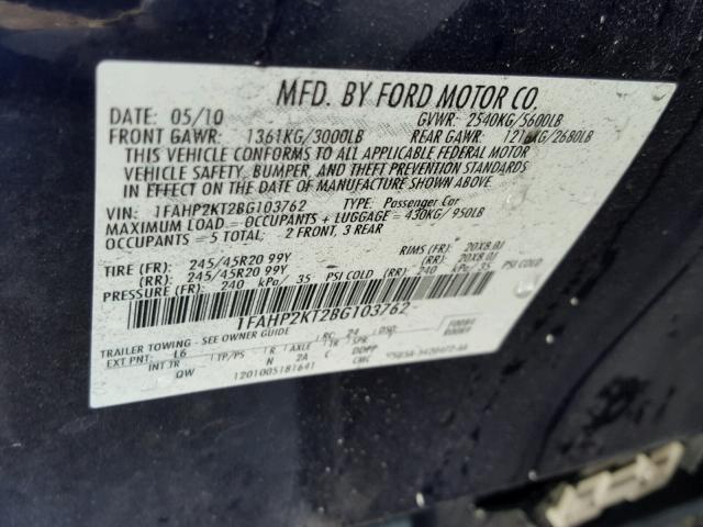 1FAHP2KT2BG103762 - 2011 FORD TAURUS SHO BLUE photo 10