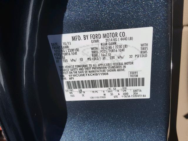 1FMCU0E7XCKB11568 - 2012 FORD ESCAPE LIM BLUE photo 10