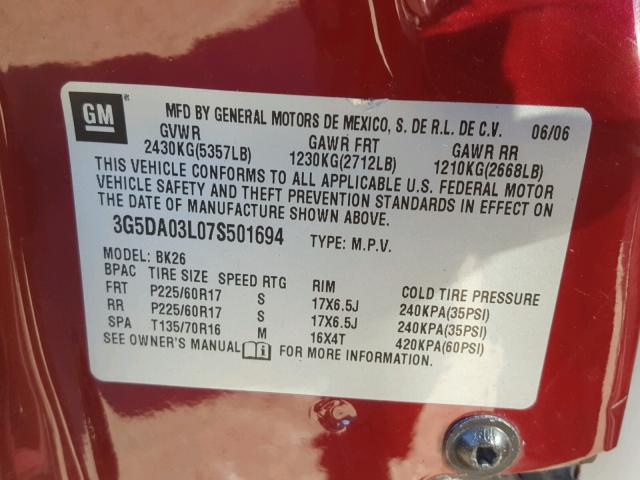 3G5DA03L07S501694 - 2007 BUICK RENDEZVOUS RED photo 10