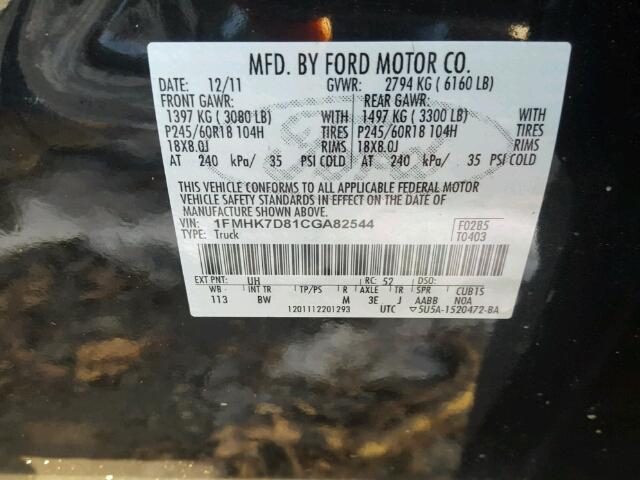 1FMHK7D81CGA82544 - 2012 FORD EXPLORER X BLACK photo 10