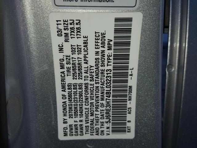 5J6RE3H74BL032313 - 2011 HONDA CR-V EXL SILVER photo 10