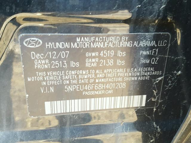 5NPEU46F68H401208 - 2008 HYUNDAI SONATA SE BLACK photo 10