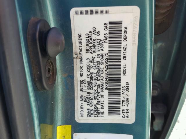 1NXBU4EE0AZ295275 - 2010 TOYOTA COROLLA BA GREEN photo 10