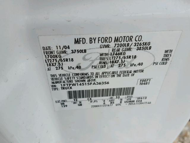 1FTPW14515FA36356 - 2005 FORD F150 SUPER WHITE photo 10