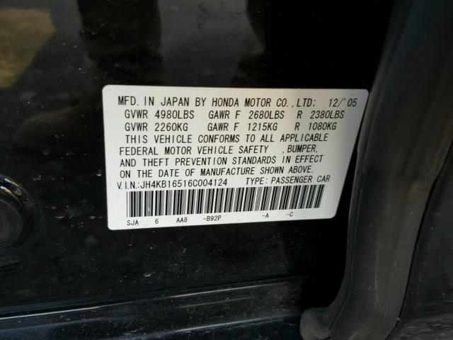 JH4KB16516C004124 - 2006 ACURA RL BLACK photo 10