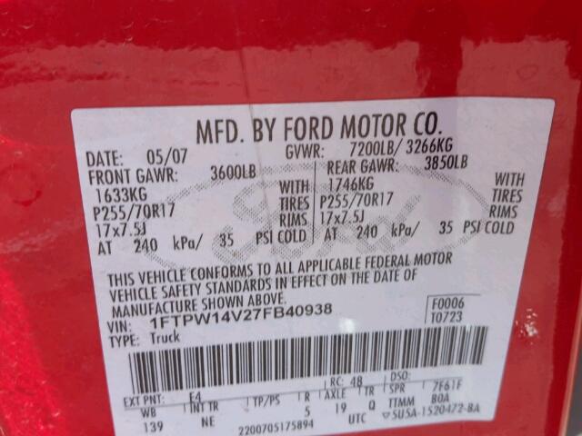 1FTPW14V27FB40938 - 2007 FORD F150 SUPER RED photo 10