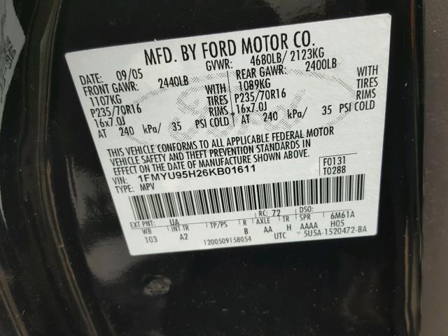 1FMYU95H26KB01611 - 2006 FORD ESCAPE HEV CHARCOAL photo 10