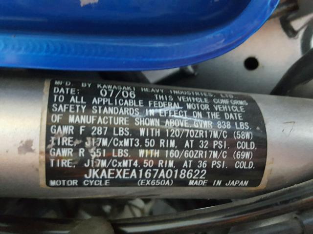 JKAEXEA167A018622 - 2007 KAWASAKI EX650 A BLUE photo 10