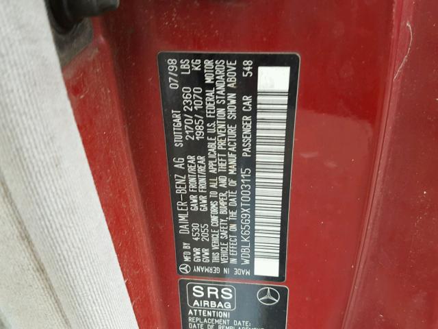 WDBLK65G9XT003115 - 1999 MERCEDES-BENZ CLK 320 RED photo 10