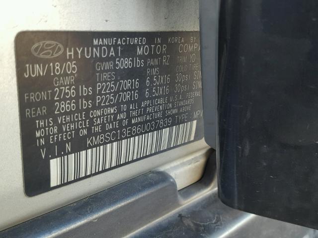 KM8SC13E86U037839 - 2006 HYUNDAI SANTA FE G SILVER photo 10