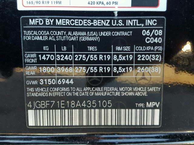 4JGBF71E18A435105 - 2008 MERCEDES-BENZ GL 450 4MA BLACK photo 10