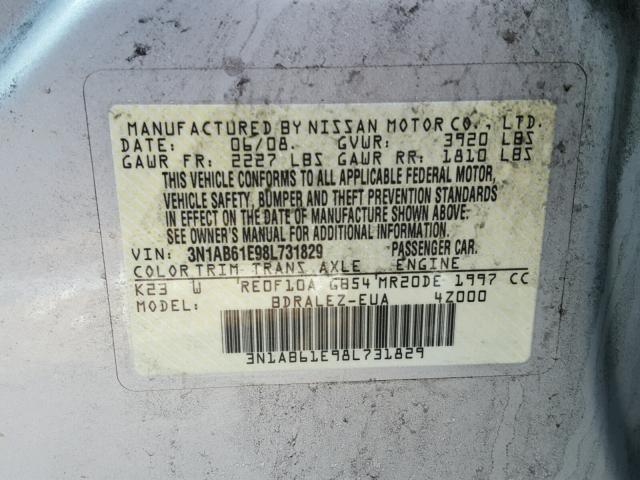 3N1AB61E98L731829 - 2008 NISSAN SENTRA 2.0 SILVER photo 10