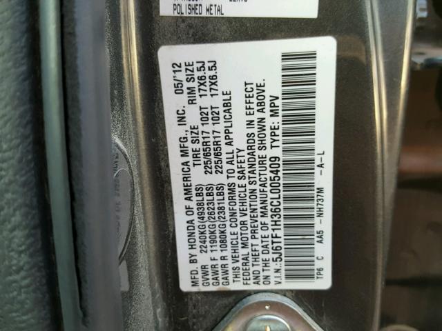 5J6TF1H36CL005409 - 2012 HONDA CROSSTOUR GRAY photo 10