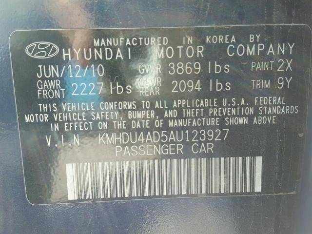 KMHDU4AD5AU123927 - 2010 HYUNDAI ELANTRA BL BLUE photo 10