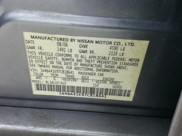 1N4BA41E97C818641 - 2007 NISSAN MAXIMA SE GRAY photo 10