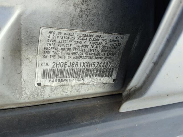 2HGEJ661XXH574487 - 1999 HONDA CIVIC BASE SILVER photo 10