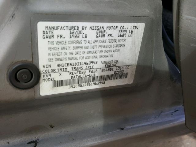 3N1CB51D31L463943 - 2001 NISSAN SENTRA XE GOLD photo 10