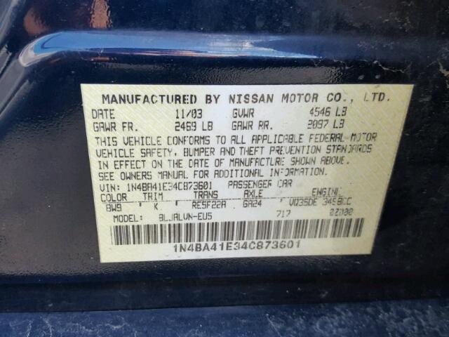 1N4BA41E34C873601 - 2004 NISSAN MAXIMA SE BLUE photo 10