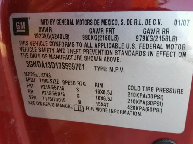 3GNDA13D17S599701 - 2007 CHEVROLET HHR LS RED photo 10