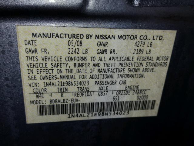 1N4AL21E98N534023 - 2008 NISSAN ALTIMA 2.5 GREEN photo 10