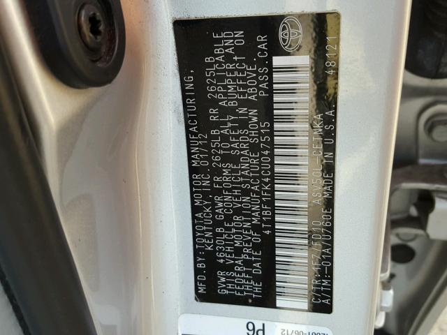 4T1BF1FK4CU047515 - 2012 TOYOTA CAMRY BASE SILVER photo 10