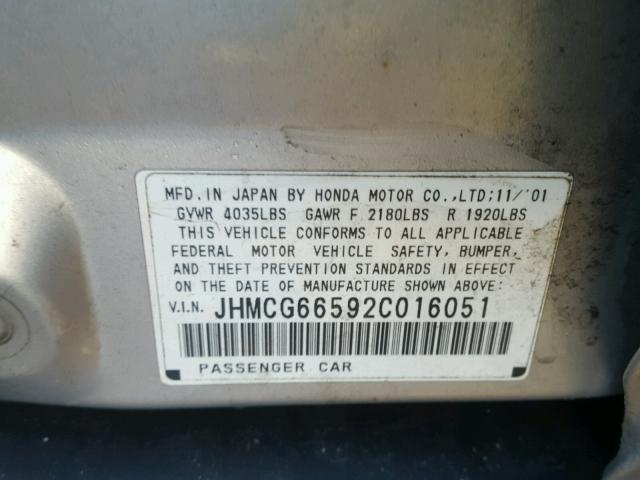 JHMCG66592C016051 - 2002 HONDA ACCORD LX SILVER photo 10