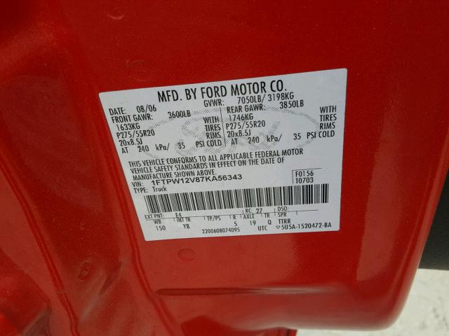 1FTPW12V87KA56343 - 2007 FORD F150 SUPER RED photo 10