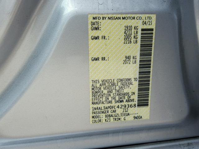 1N4AL3AP0FC429368 - 2015 NISSAN ALTIMA 2.5 SILVER photo 10