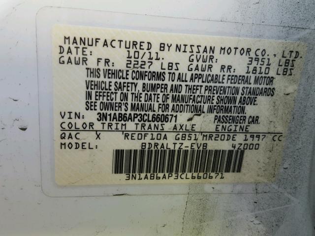 3N1AB6AP3CL660671 - 2012 NISSAN SENTRA 2.0 WHITE photo 10