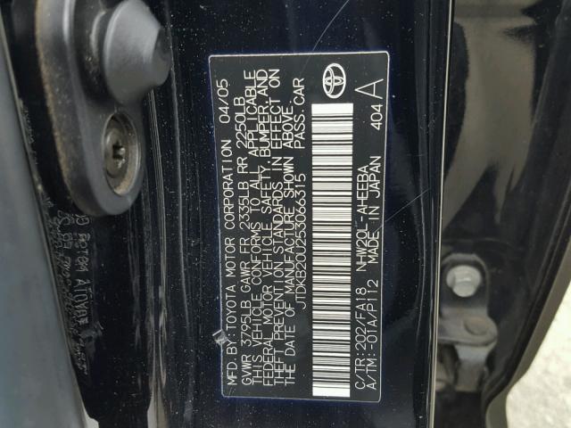 JTDKB20U253066315 - 2005 TOYOTA PRIUS BLACK photo 10