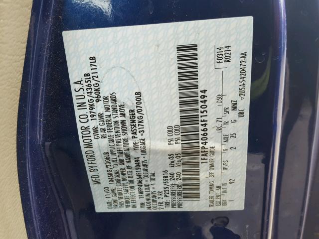 1FAFP40664F150494 - 2004 FORD MUSTANG BLUE photo 10
