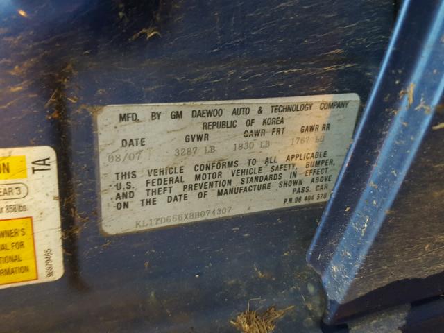 KL1TD666X8B074307 - 2008 CHEVROLET AVEO BASE 蓝色 照片 10