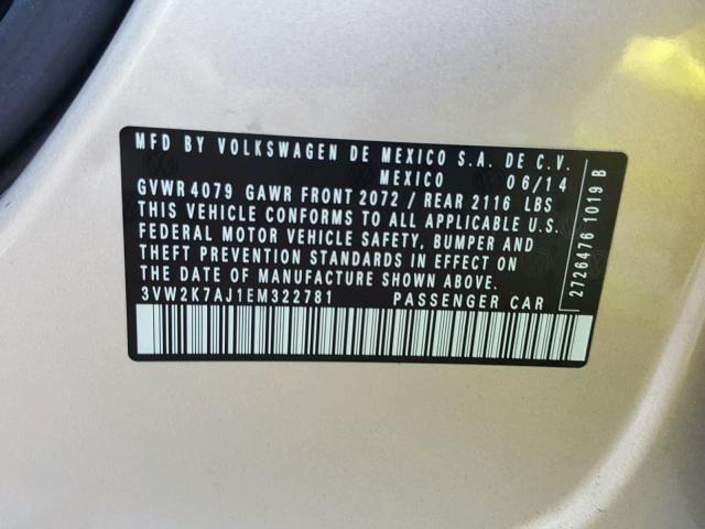3VW2K7AJ1EM322781 - 2014 VOLKSWAGEN JETTA BASE ვერცხლისფერი ფოტო 10