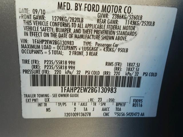 1FAHP2EW2BG130983 - 2011 FORD TAURUS SEL SILVER photo 10