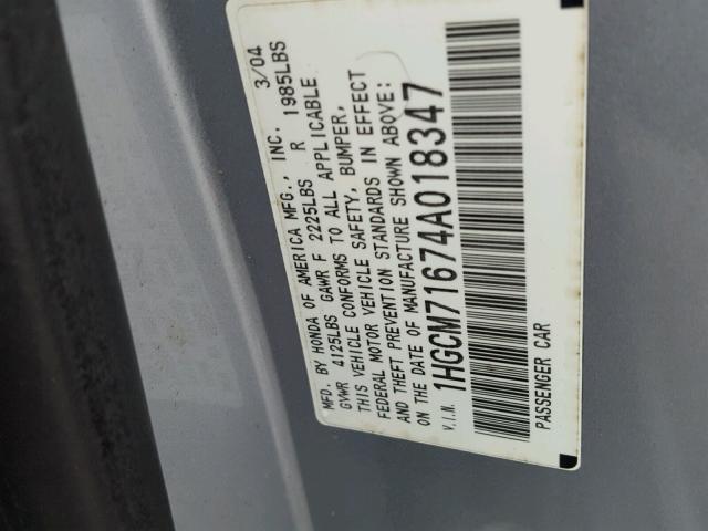 1HGCM71674A018347 - 2004 HONDA ACCORD EX SILVER photo 10