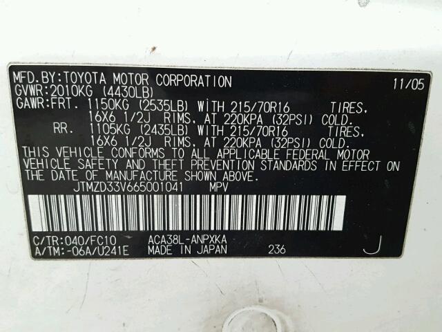 JTMZD33V665001041 - 2006 TOYOTA RAV4 WHITE photo 10