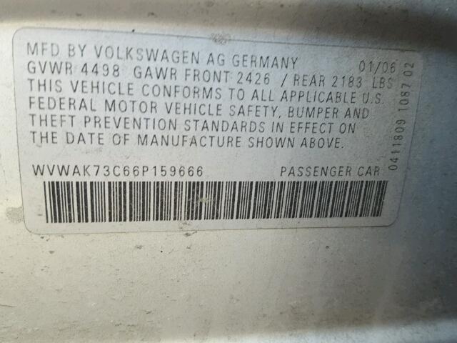 WVWAK73C66P159666 - 2006 VOLKSWAGEN PASSAT 2.0 SILVER photo 10