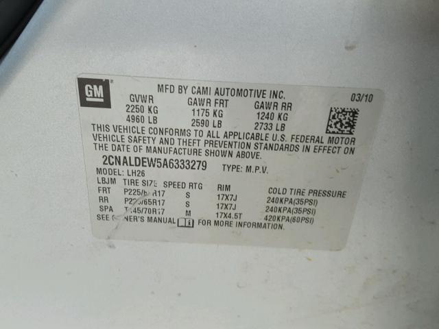 2CNALDEW5A6333279 - 2010 CHEVROLET EQUINOX LT SILVER photo 10