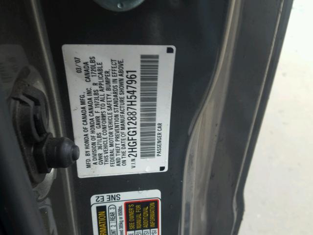 2HGFG12887H547961 - 2007 HONDA CIVIC EX ნაცრისფერი ფოტო 10