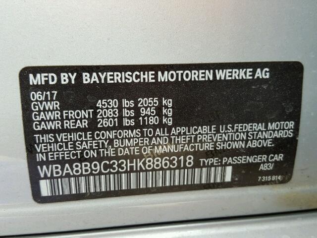 WBA8B9C33HK886318 - 2017 BMW 330 I SILVER photo 10